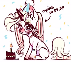 Size: 2048x1795 | Tagged: safe, artist:rottengotika, oc, oc only, oc:lunny tearful, pony, unicorn, birthday, birthday cake, cake, food, horn, solo, unicorn oc