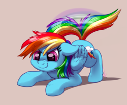 Size: 1633x1356 | Tagged: safe, artist:whitediamonds, rainbow dash, pegasus, pony, g4, behaving like a cat, behaving like a dog, cheek fluff, cute, dashabetes, female, floppy ears, folded wings, imminent pounce, mare, motion lines, nose wrinkle, signature, simple background, smiling, smirk, solo, tail, tail wag, wings