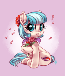 Size: 2550x3000 | Tagged: safe, artist:whitediamonds, coco pommel, earth pony, pony, g4, cheek fluff, cocobetes, cute, ear fluff, female, flower, high res, looking at you, mare, raised hoof, signature, sitting, smiling, smiling at you, solo, tail