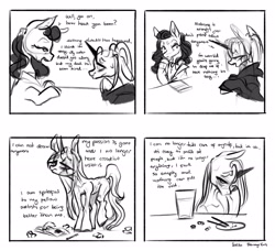 Size: 2048x1871 | Tagged: safe, artist:rottengotika, oc, oc only, oc:lunny tearful, pony, unicorn, 4 panel comic, comic, duo, horn, unicorn oc