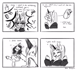 Size: 2048x1871 | Tagged: safe, artist:rottengotika, oc, oc only, pony, unicorn, 4 panel comic, comic, duo, horn, unicorn oc