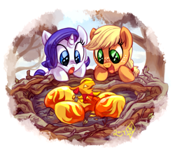 Size: 1525x1325 | Tagged: safe, artist:whitediamonds, applejack, rarity, earth pony, phoenix, pony, unicorn, rarijack daily, g4, :o, cute, duo, duo female, egg, female, filly, filly applejack, filly rarity, foal, freckles, happy, hatless, horn, jackabetes, lesbian, looking at something, missing accessory, nest, nose wrinkle, open mouth, open smile, outdoors, raribetes, ship:rarijack, shipping, signature, smiling, surprised, tree, watching, younger