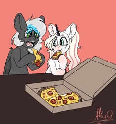 Size: 1890x2023 | Tagged: safe, artist:aliceg, oc, oc only, pegasus, pony, unicorn, food, horn, meat, pegasus oc, pepperoni, pepperoni pizza, pizza, unicorn oc