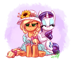 Size: 1400x1200 | Tagged: safe, artist:whitediamonds, applejack, rarity, earth pony, pony, unicorn, rarijack daily, g4, abstract background, alternate hairstyle, applejack is not amused, bow, braid, clothes, cute, dress, duo, duo female, eyes closed, eyeshadow, female, floppy ears, flower, freckles, frown, hair bow, hat, horn, lesbian, makeup, mare, puffy sleeves, raribetes, ship:rarijack, shipping, signature, sitting, smiling, sunflower, tail, tail bow, tomboy, tomboy taming, tumblr, unamused, underhoof