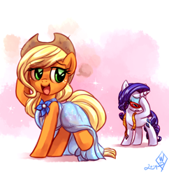 Size: 1450x1500 | Tagged: safe, artist:whitediamonds, applejack, rarity, earth pony, pony, unicorn, rarijack daily, g4, applejack's hat, clothes, cowboy hat, cute, dress, duo, duo female, eyebrows, eyebrows visible through hair, eyes closed, eyeshadow, facehoof, female, freckles, glasses, hat, horn, jackabetes, lesbian, looking back, makeup, mare, measuring tape, open mouth, raised hoof, raised leg, rarity's glasses, ship:rarijack, shipping, signature, standing on two hooves, tail