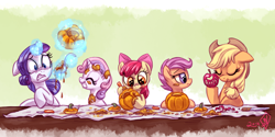 Size: 2300x1150 | Tagged: safe, artist:whitediamonds, apple bloom, applejack, rarity, scootaloo, sweetie belle, earth pony, pegasus, pony, unicorn, rarijack daily, g4, abstract background, adorabloom, apple, apple bloom's bow, apple carving, apple sisters, applejack's hat, belle sisters, bow, cowboy hat, cute, cutealoo, cutie mark crusaders, diasweetes, eyes closed, female, filly, floppy ears, foal, food, freckles, glowing, glowing horn, grin, group, hair bow, halloween, hat, heart, holiday, horn, jack-o-lantern, jackabetes, knife, lesbian, levitation, magic, magic aura, mare, messy, profile, pumpkin, pumpkin carving, quintet, raribetes, ship:rarijack, shipping, siblings, signature, sisters, smiling, sparkles, table, telekinesis, that pony sure does love apples, tongue out, tumblr