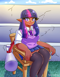 Size: 2975x3850 | Tagged: safe, artist:mylittleyuri, twilight sparkle, human, g4, blushing, chair, clothes, cute, dark skin, elf ears, female, humanized, megaphone, necktie, redraw, shirt, sitting, skirt, socks, solo, stockings, sweater vest, thigh highs, twiabetes