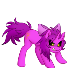 Size: 897x958 | Tagged: safe, artist:cristal1940, oc, oc only, oc:bladecatcher, monster pony, pony, unicorn, angry, battle stance, black sclera, bow, hair bow, horn, no source available, question mark, simple background, solo, white background, yellow eyes