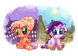 Size: 1800x1300 | Tagged: safe, artist:whitediamonds, applejack, rarity, earth pony, pony, unicorn, rarijack daily, g4, season 1, the cutie mark chronicles, alternate hairstyle, bow, crying, cute, dirty, duo, duo female, eyebrows, eyebrows visible through hair, female, filly, filly applejack, filly rarity, foal, freckles, frown, hatless, horn, jackabetes, lesbian, missing accessory, orangejack, raribetes, sad, sadorable, ship:rarijack, shipping, signature, sitting, tail, tail bow, teary eyes, underhoof, weapons-grade cute, younger