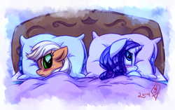 Size: 1350x850 | Tagged: safe, artist:whitediamonds, applejack, rarity, earth pony, pony, unicorn, rarijack daily, g4, look before you sleep, season 1, bed, blanket, blushing, duo, duo female, female, floppy ears, freckles, frown, hatless, horn, in bed, lesbian, lying down, mare, missing accessory, nose wrinkle, on side, pillow, scene interpretation, scrunchy face, ship:rarijack, shipping, signature, sleepover