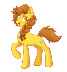 Size: 897x958 | Tagged: safe, artist:cristal1940, oc, oc only, oc:wetaskiwin, earth pony, pony, boasting, braid, braided ponytail, bronze, concave belly, gold, hair tie, looking back, no source available, ponytail, raised hoof, simple background, smug, solo, transparent background