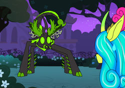 Size: 1414x1000 | Tagged: safe, artist:2snacks, artist:zetikoopa, queen chrysalis, rosedust, oc, oc:king scorpio, changeling, flutter pony, g1, g4, changeling king, female, get stick bugged lol, green changeling, male, mare