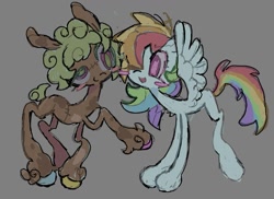 Size: 1103x805 | Tagged: safe, artist:dddddaxie998839, rainbow dash, oc, oc:mix match, earth pony, pegasus, pony, undead, zombie, zombie pony, g4, big eyes, blue coat, blush sticker, blushing, brown coat, chest fluff, colored eyelashes, colored sketch, curly mane, curly tail, derp, duo, earth pony oc, eyebrows, eyebrows visible through hair, female, gray background, green mane, green tail, hair over one eye, hooves, long legs, looking at someone, mare, multicolored eyes, multicolored hair, multicolored hooves, multicolored mane, multicolored tail, open mouth, open smile, rainbow hair, rainbow tail, raised hoof, short mane, short tail, simple background, sketch, slender, smiling, splotches, spread wings, standing, stitched body, stitches, tail, thin, thin legs, unshorn fetlocks, wings
