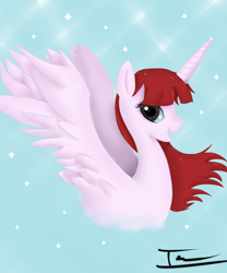 Size: 1638x1971 | Tagged: safe, artist:ivan-chan, oc, oc:fausticorn, alicorn, pony, open mouth, open smile, ponified, profile, red hair, signature, smiling, solo, spread wings, wings