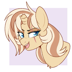 Size: 511x515 | Tagged: safe, artist:lulubell, oc, oc only, oc:lulubell, pony, unicorn, broken horn, bust, chest fluff, evil, eye scar, facial scar, female, horn, mare, open mouth, open smile, scar, smiling, solo