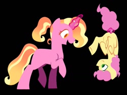 Size: 1337x1001 | Tagged: safe, artist:partyponypower, li'l cheese, luster dawn, earth pony, pony, unicorn, g4, alternate universe, black background, duo, horn, magic, simple background