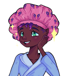 Size: 791x898 | Tagged: safe, artist:kreeeeeez, misty brightdawn, human, g5, blushing, bonnet, clothes, dark skin, female, freckles, happy, hat, humanized, open mouth, open smile, painted nails, rebirth misty, robe, simple background, smiling, solo, sparkles, white background