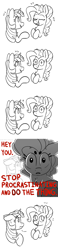 Size: 1000x4300 | Tagged: safe, artist:pink-pone, pinkie pie, twilight sparkle, earth pony, pony, g4, ..., breaking the fourth wall, bust, comic, duo, duo female, emanata, female, fourth wall, grayscale, looking at you, monochrome, partial color, simple background, sweat, sweatdrop, talking to viewer, white background