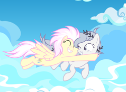 Size: 1280x935 | Tagged: safe, artist:vi45, oc, oc only, oc:white star, pegasus, pony, g4, cloud, female, flying, glomp, mare