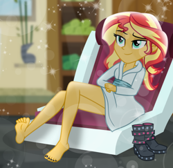 Size: 500x485 | Tagged: safe, artist:emeraldblast63, part of a set, sunset shimmer, human, equestria girls, g4, barefoot, bathrobe, black nail polish, boots, clothes, crossed legs, feet, female, foot focus, lens flare, lidded eyes, nail polish, robe, shoes, shoes removed, smiling, toenail polish, toenails