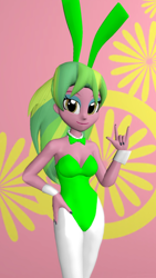 Size: 1080x1920 | Tagged: safe, artist:oatmeal!, part of a set, lemon zest, human, equestria girls, g4, 3d, bunny ears, bunny girl, bunny suit, clothes, costume, cutie mark, cutie mark background, easter, gmod, green leotard, hand on hip, holiday, legs together, leotard, looking at you, solo, tight clothing, tights