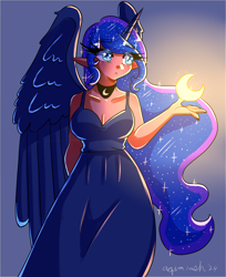 Size: 2975x3651 | Tagged: safe, artist:mylittleyuri, princess luna, human, g4, :o, alicorn humanization, blue background, breasts, clothes, crescent moon, crown, cute, dress, elf ears, female, heart, heart eyes, horned humanization, humanized, jewelry, lunabetes, moon, nail polish, open mouth, regalia, simple background, solo, tangible heavenly object, wingding eyes, winged humanization