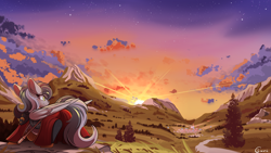 Size: 3840x2160 | Tagged: safe, artist:conrie, oc, oc only, oc:graeyscale, pegasus, pony, adepta sororitas, armor, clothes, commission, female, fields, mare, mountain, outdoors, pegasus oc, scenery, scenery porn, solo, standing, sunset, town, village, wallpaper, warhammer (game), warhammer 40k, wings