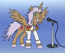 Size: 1280x1060 | Tagged: safe, oc, oc only, alicorn, alicorn oc, drama, epaulettes, gradient background, horn, male, microphone, microphone stand, rule 85, solo, starlight drama, tabun, unshorn fetlocks, wings