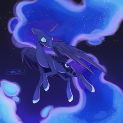 Size: 2200x2200 | Tagged: safe, artist:mindlessnik, princess luna, alicorn, pony, g4, belly, ethereal mane, ethereal tail, eyes closed, female, flying, high res, horn, large wings, mare, night, night sky, partially open wings, signature, sky, slender, solo, starry mane, starry tail, tail, thin, wings