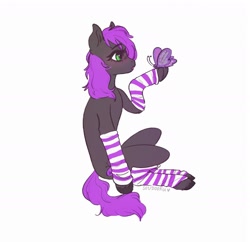 Size: 1721x1668 | Tagged: safe, artist:soudooku, oc, oc only, butterfly, earth pony, pony, clothes, concave belly, leg warmers, simple background, sitting, solo, striped leg warmers, white background