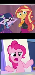 Size: 540x1140 | Tagged: safe, artist:batman714, edit, edited screencap, screencap, pinkie pie, sci-twi, sunset shimmer, twilight sparkle, earth pony, human, equestria girls, g4, my little pony equestria girls: better together, my little pony equestria girls: choose your own ending, sparkle's seven, stressed in show, cutie map, episode needed, female, twilight's castle