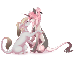 Size: 2738x2190 | Tagged: safe, artist:pixelberrry, oc, oc only, oc:itami, oc:precilla, pony, unicorn, female, horn, horns, kissing, leonine tail, mare, simple background, tail, transparent background