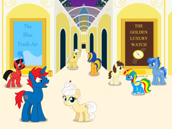 Size: 2048x1536 | Tagged: safe, artist:ry-bluepony1, oc, oc:flare spark, oc:mickey motion, oc:quoterific, oc:royal strength, oc:sugar swirl, oc:train track, alicorn, pegasus, unicorn, g4, female, hallway, horn, male, mall