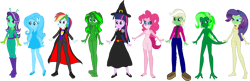 Size: 3954x1286 | Tagged: safe, artist:invisibleink, artist:tylerajohnson352, applejack, fluttershy, pinkie pie, rainbow dash, rarity, starlight glimmer, sunset shimmer, trixie, twilight sparkle, alien, chameleon, ghost, reptile, undead, vampire, werewolf, equestria girls, g4, antenna, bandage, black sclera, bolts, boots, cape, claws, clothes, dress, eqg promo pose set, fangs, female, fins, flippers, frankenstein, frankenstein's monster, fur, gills, gloves, glowing, glowing eyes, green skin, hairpin, halloween, hat, high heels, holiday, jewelry, lizard creature, monster, mummy, necklace, pants, pointed ears, sharp teeth, shoes, simple background, stitches, suit, swamp creature, tail, talons, teeth, transparent background, vest, webbed feet, webbed fingers, witch, witch hat
