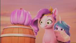 Size: 1282x720 | Tagged: safe, screencap, izzy moonbow, pipp petals, pegasus, pony, unicorn, g5, my little pony: make your mark, my little pony: make your mark chapter 5, nightmare on mane street, spoiler:g5, spoiler:my little pony: make your mark, spoiler:my little pony: make your mark chapter 5, spoiler:mymc05e06, barrel, cute, derp, dizzy, horn, pipp petals is best facemaker, pumpkin, silly face
