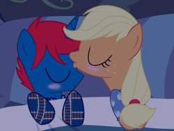 Size: 1024x768 | Tagged: safe, artist:bluemario11, applejack, oc, oc:train track, earth pony, unicorn, g4, bed, clothes, eyes closed, female, horn, in bed, kissing, male, pajamas, shipping