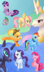 Size: 800x1289 | Tagged: safe, artist:faeriebottle, applejack, fluttershy, nightmare moon, pinkie pie, princess celestia, rainbow dash, rarity, spike, twilight sparkle, alicorn, earth pony, pegasus, unicorn, g4, gradient background, horn, mane six, unicorn twilight