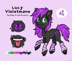 Size: 2500x2100 | Tagged: safe, artist:sokoistrying, oc, oc only, oc:lucy violetmane, earth pony, pony, black fur, clothes, color palette, cute, cutie mark, emoji, eyelashes, femboy, green eyes, hooves, male, mouth, open mouth, pink background, purple mane, purple tail, reference sheet, simple background, smiling, socks, solo, stallion, striped socks, tail, text