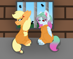 Size: 2254x1850 | Tagged: safe, artist:honeyofpeaches, applejack, oc, oc:cobalt skies, pony, g4, clothes, duo, jail, jail cell, jumpsuit, prison, prison cell, prison outfit, prisoner, prisoner aj, unshorn fetlocks