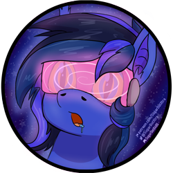 Size: 2048x2048 | Tagged: safe, artist:sugardotxtra, oc, oc only, oc:guard cobalt flash, bat pony, bat pony oc, bust, drool, hypnogear, hypnosis, hypnotized, open mouth, portrait, visor