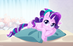 Size: 1200x750 | Tagged: safe, artist:riouku, starlight glimmer, crystal pony, pony, unicorn, g4, blushing, commission, crystallized, cute, female, glimmerbetes, horn, looking at you, lying down, mare, pillow, prone, resting, smiling, smiling at you, solo