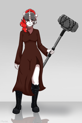 Size: 2005x3000 | Tagged: artist needed, safe, oc, oc only, oc:red rocket, unicorn, anthro, angry, bandana, boots, clothes, dress, hammer, horn, looking at you, red eyes, shoes, sledgehammer, solo