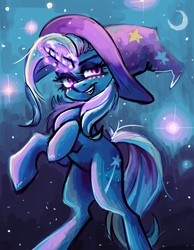 Size: 3500x4500 | Tagged: safe, artist:konowar, trixie, pony, unicorn, g4, belly, bipedal, clothes, hat, horn, magic, moon, rearing, solo, trixie's hat