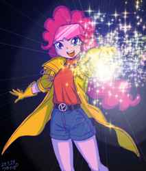 Size: 800x939 | Tagged: safe, artist:uotapo, pinkie pie, human, equestria girls, g4, clothes, cosplay, costume, female, jubilee, marvel, open mouth, solo, x-men, x-men 97