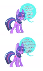 Size: 1134x1869 | Tagged: dead source, safe, artist:cutesykill, part of a set, twilight sparkle, pony, unicorn, g4, 2 panel comic, alternate eye color, beanbrows, big ears, colored eyelashes, comic, concave belly, dialogue, emanata, eyebrows, female, frown, horn, implied princess celestia, mare, multicolored mane, multicolored tail, pink eyes, purple mane, purple tail, simple background, smiling, solo, sparkles, speech bubble, standing, tail, talking, unicorn twilight, white background, wingding eyes