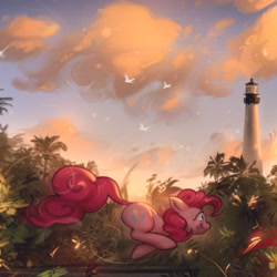 Size: 2048x2048 | Tagged: safe, artist:mirroredsea, pinkie pie, earth pony, pony, g4, cloud, female, high res, lighthouse, mare, running, scenery, scenery porn, side view, solo, tongue out