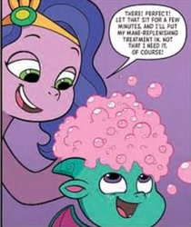 Size: 306x364 | Tagged: safe, idw, official comic, pipp petals, sparky sparkeroni, dragon, pegasus, pony, g5, my little pony: mane event, spoiler:comic, spoiler:g5comic, auntie pipp, baby, baby dragon, bubble, duo, female, low res image, male, mare, needs more jpeg