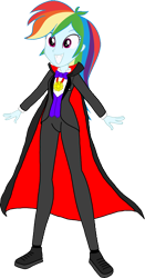 Size: 828x1580 | Tagged: safe, artist:invisibleink, artist:tylerajohnson352, rainbow dash, undead, vampire, equestria girls, g4, cape, clothes, fangs, female, halloween, holiday, jewelry, monster, necklace, pants, sharp teeth, shoes, simple background, solo, suit, teeth, transparent background, vest