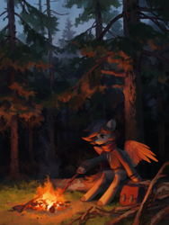 Size: 4000x5322 | Tagged: safe, artist:koviry, oc, oc only, oc:tayer, pegasus, pony, absurd resolution, anatomically incorrect, backpack, brown mane, brown tail, campfire, clothes, coat markings, colored eartips, colored hooves, colored wings, commission, detailed background, ear fluff, fire, forest, forest background, freckles, grass, hoodie, hoof hold, incorrect leg anatomy, male, nature, night, pegasus oc, scarf, short mane, sitting, smiling, smoke, solo, splotches, spread wings, stallion, stick, tail, tree, two toned mane, two toned tail, two toned wings, wingding eyes, wings