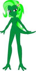 Size: 797x1587 | Tagged: safe, artist:invisibleink, artist:tylerajohnson352, trixie, chameleon, gecko, reptile, equestria girls, g4, female, green skin, hairpin, halloween, holiday, lizard creature, monster, scales, simple background, solo, tail, transparent background